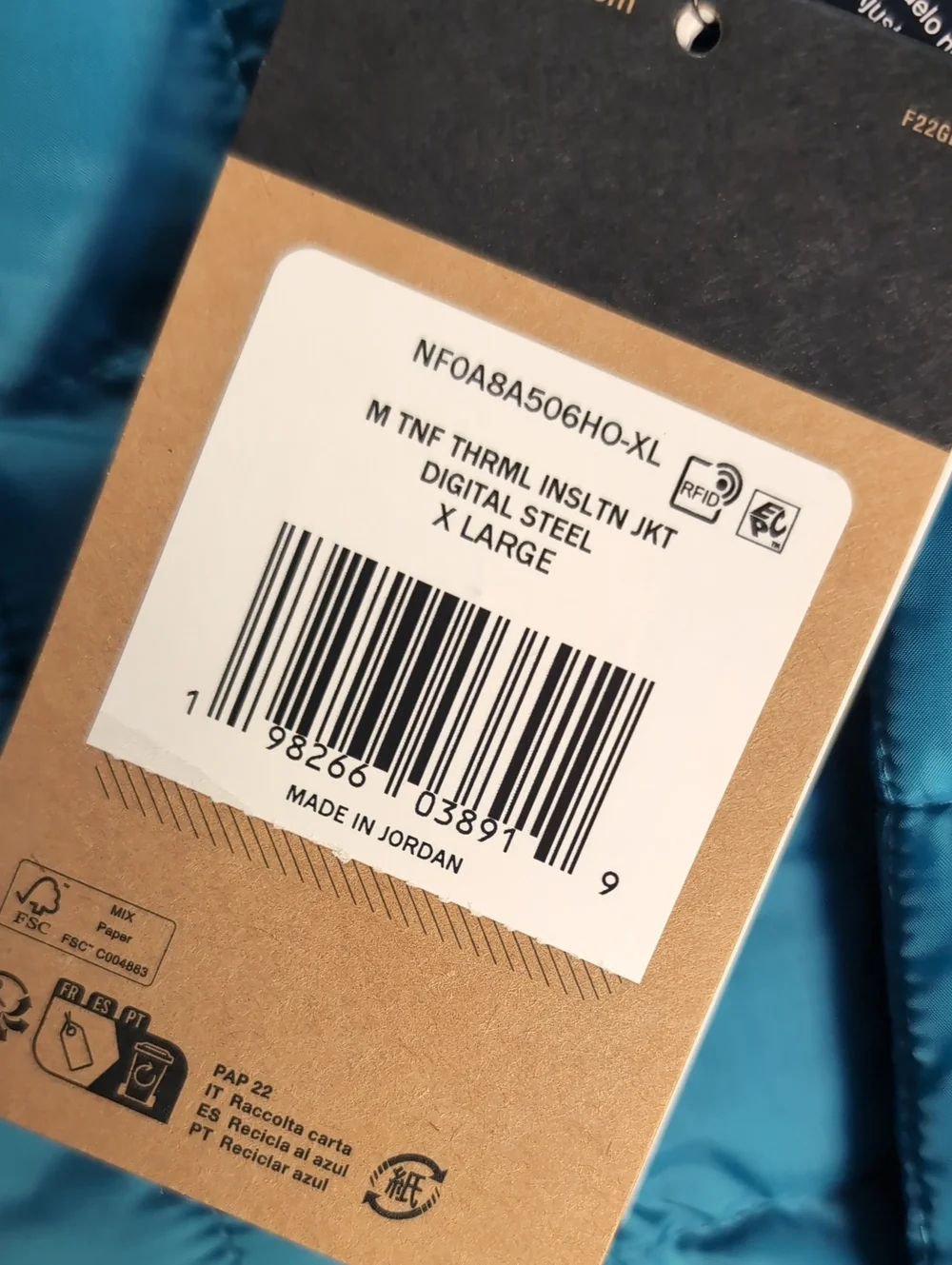 The North Face TNF Thermal Insulation Jacket Digital Steel Blue Sz XL Thermoball